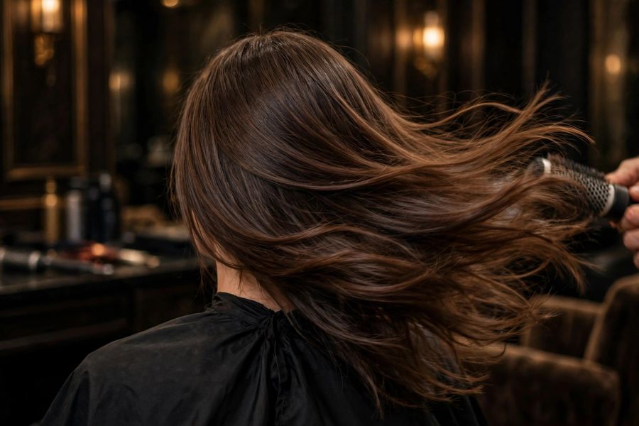 A glossy blowout in motion, hair sweeping as it turns