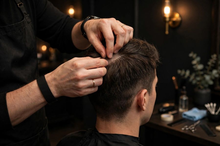Fitting a hair system by hand at the crown, close and careful work