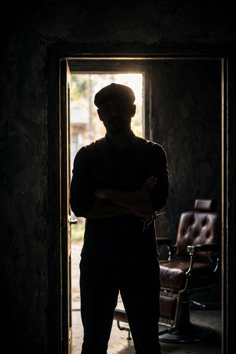 Nate in silhouette in the studio doorway light, shears in hand