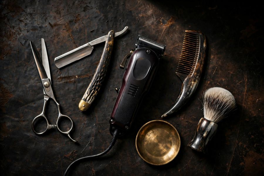 My tools laid out on dark leather: shears, razor, clippers and comb